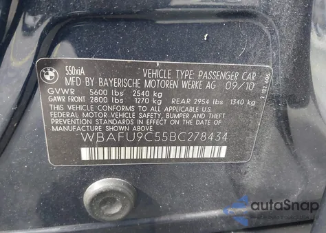 2011 BMW 550I xDrive z USA, uszkodzony, nr VIN WBAFU9C55BC278434